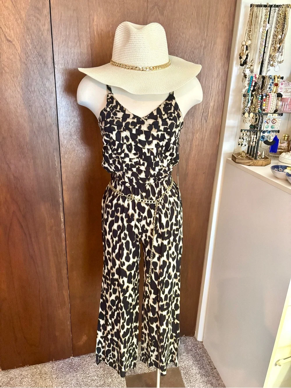 Women’s Black & Cream Leopard-Print Spaghetti-Strap Jumpsuit - Picture 3 of 4